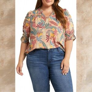 Democracy Women’s Plus Floral Ruffle Sleeve Peasant Blouse 3X Top Style#WUE7083E